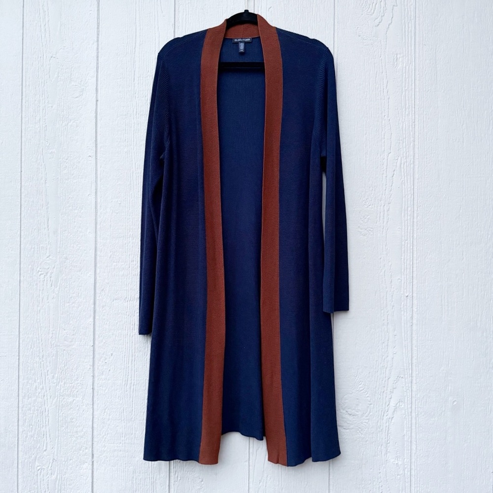 Eileen Fisher long line open front navy cardigan size large